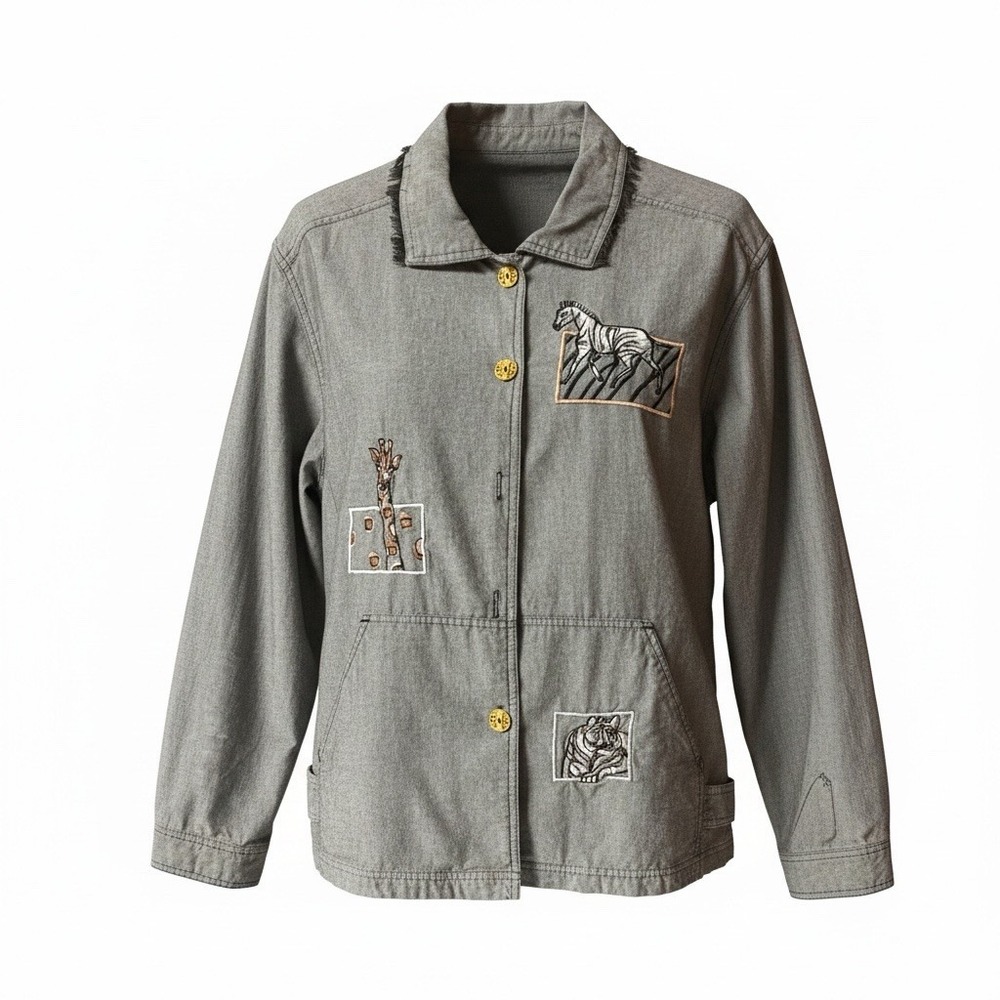 Park Avenue Collections Vintage Safari Embroidered Shirt Womens Large Gray